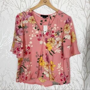 SANCTUARY Flutter Sleeve Pink Garden Wrap Top S work blouse bubble gum Barbie